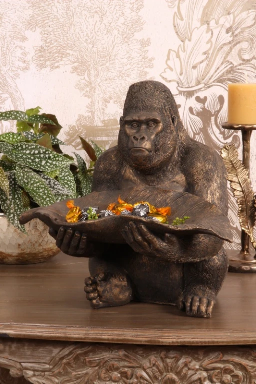 Scultura di gorilla con vassoio - oro - 39 cm