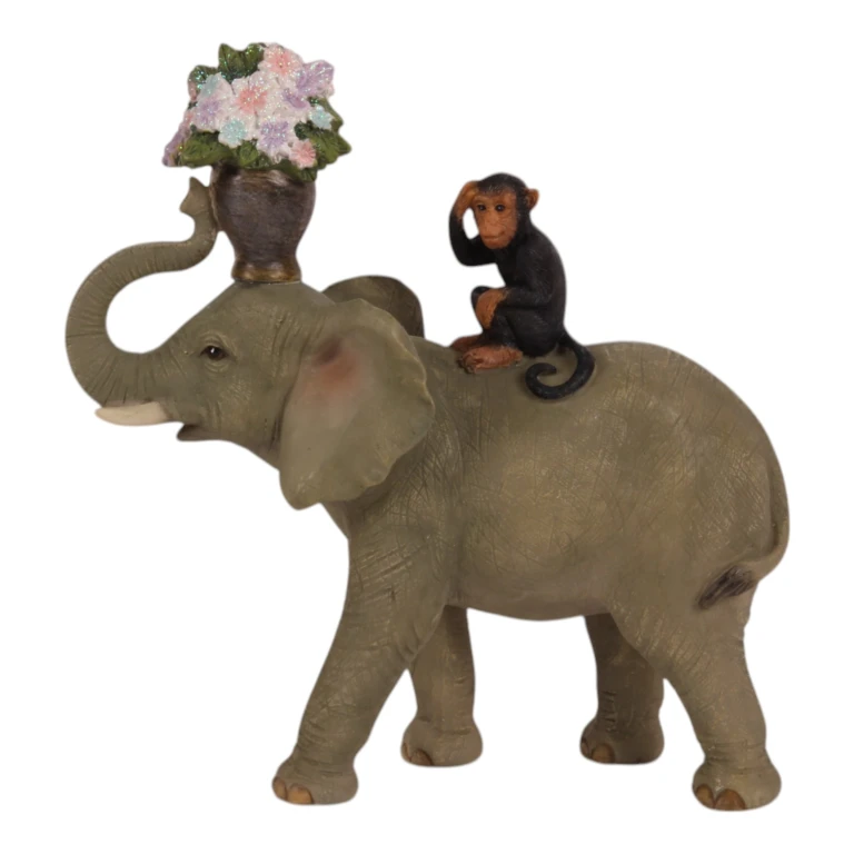Scultura di elefante con scimmia - marrone - 17 cm