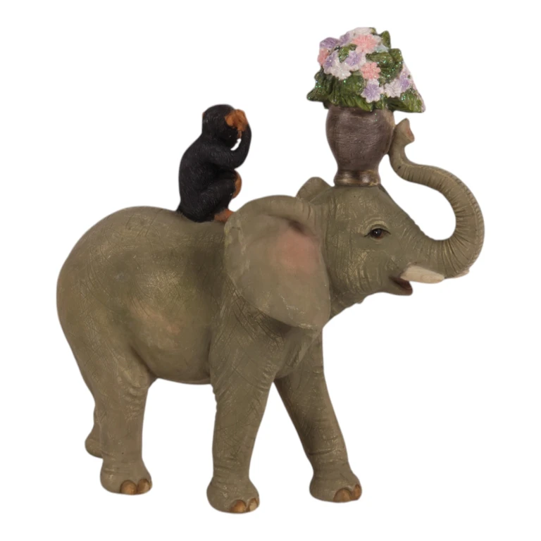 Scultura di elefante con scimmia - marrone - 17 cm