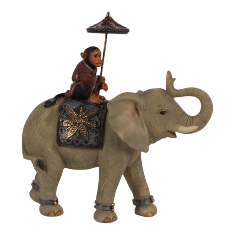 Scultura Animale Elefante con Scimmia - marrone - 19 cm