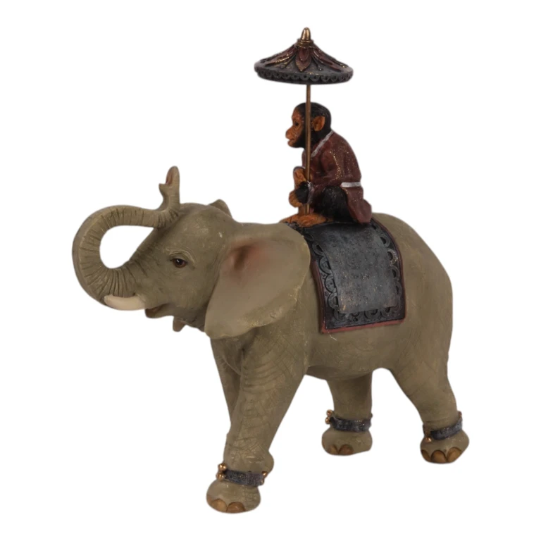 Scultura Animale Elefante con Scimmia - marrone - 19 cm