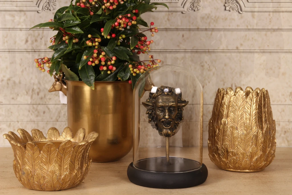 Figura di Bacco con vetrina di vetro - oro - 23 cm - resina artificiale