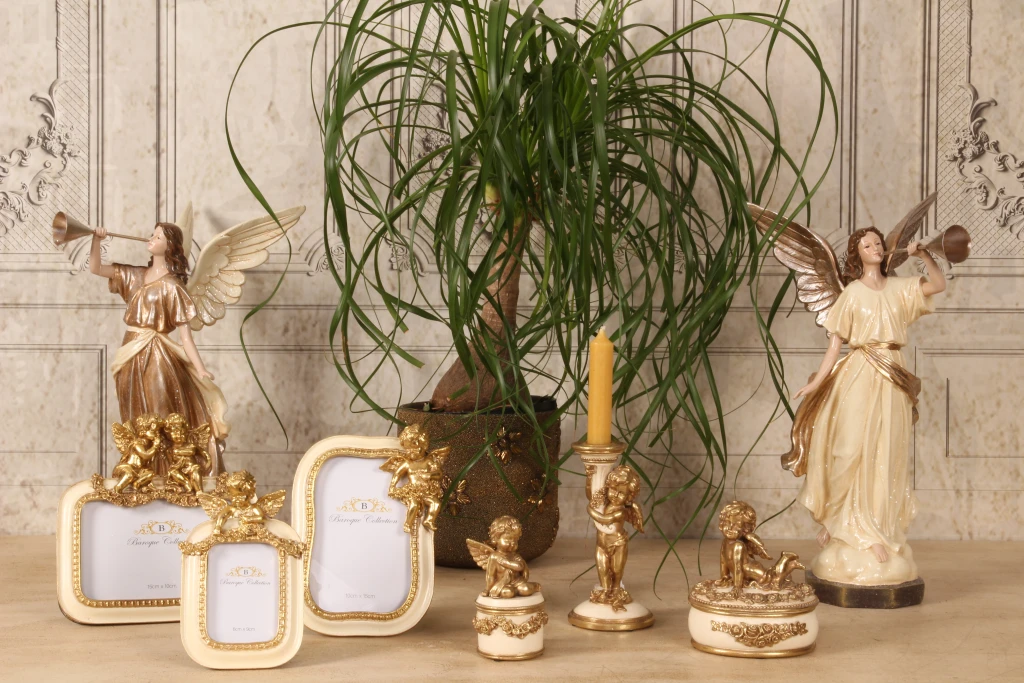Cornice fotografica Angelo - 10 x 15 cm - crema/oro - resina artificiale - in piedi