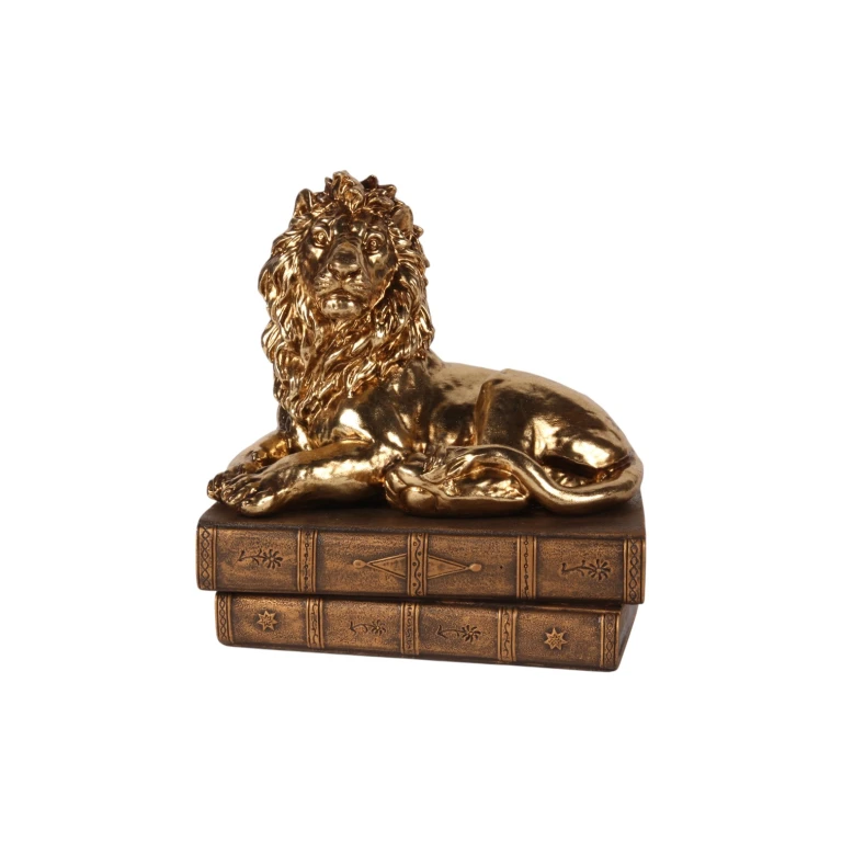 Statua di leone su libri - oro - 21 cm