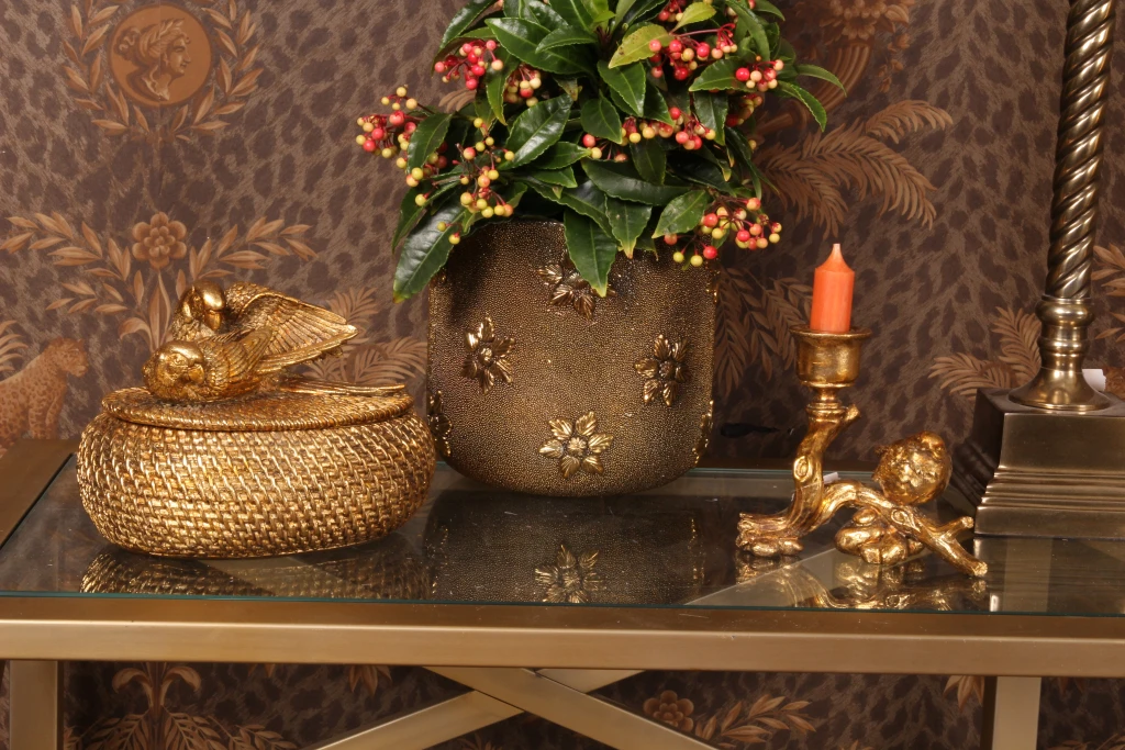 Scatola portaoggetti con coperchio - 19 cm - oro - resina artificiale