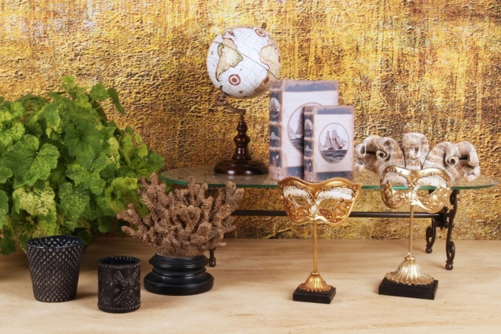 Maschera decorativa su piedistallo - oro - 28 cm - resina artificiale