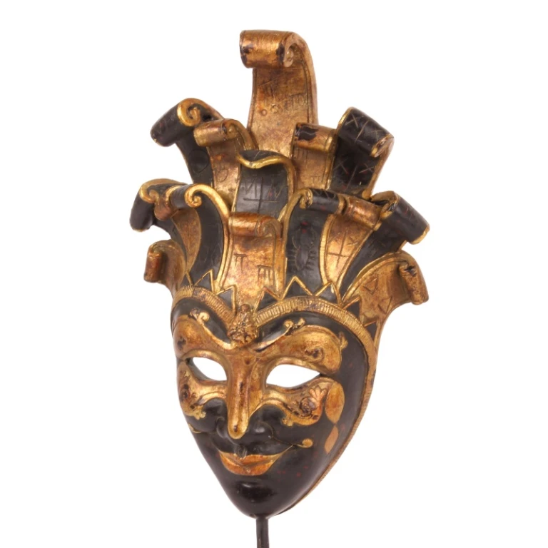 Maschera decorativa su piedistallo - nero/oro - 28 cm - resina artificiale