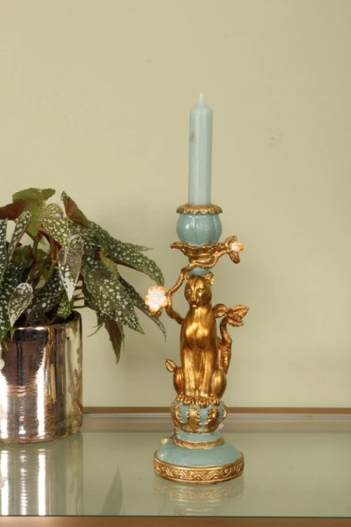 Candelabro Leopardo - 25,5 cm - oro - resina artificiale