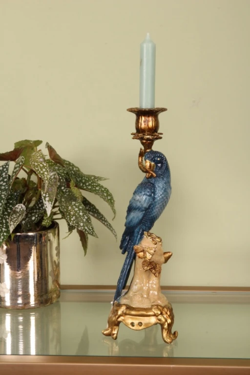 Candelabro Pappagallo - 33 cm - blu - resina artificiale