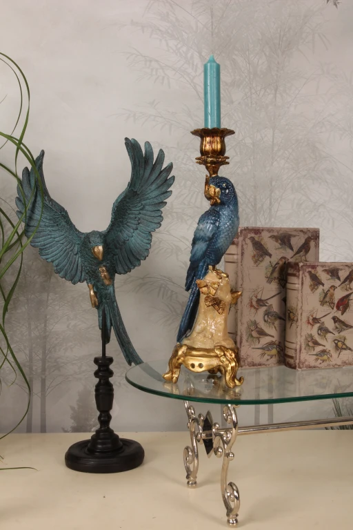 Candelabro Pappagallo - 33 cm - blu - resina artificiale