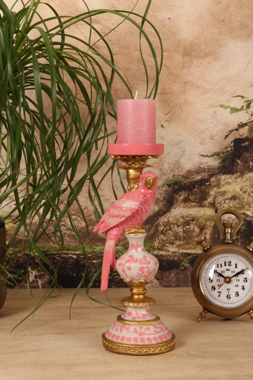 Candelabro Pappagallo - 32,5 cm - rosa - resina artificiale