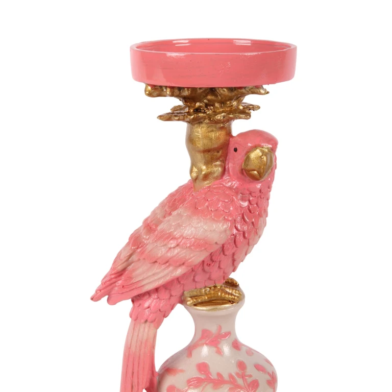 Candelabro Pappagallo - 32,5 cm - rosa - resina artificiale