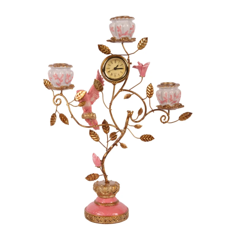 Candelabro Pappagallo con orologio - 32 cm - rosa - resina artificiale
