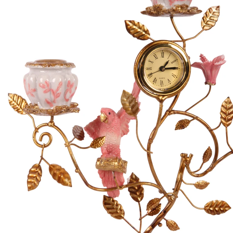 Candelabro Pappagallo con orologio - 32 cm - rosa - resina artificiale