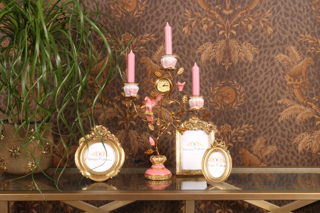 Candelabro Pappagallo con orologio - 32 cm - rosa - resina artificiale