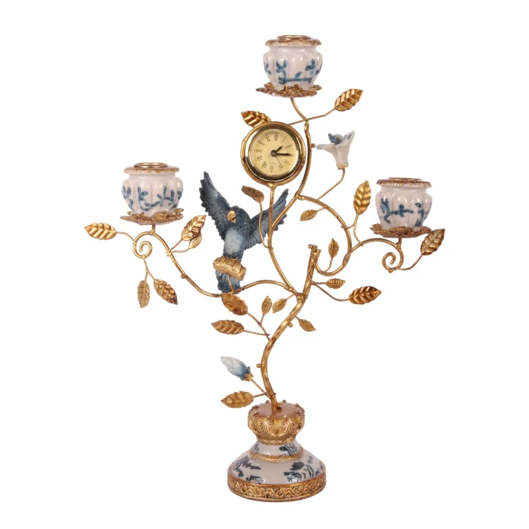 Candelabro Pappagallo con orologio - 32 cm - blu - resina artificiale