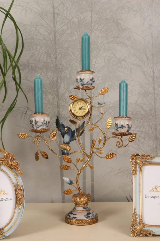 Candelabro Pappagallo con orologio - 32 cm - blu - resina artificiale
