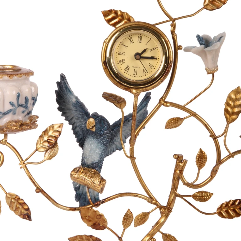 Candelabro Pappagallo con orologio - 32 cm - blu - resina artificiale