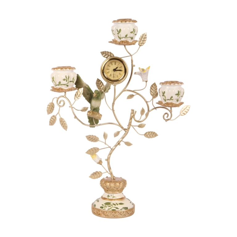 Candelabro Pappagallo con orologio - 32 cm - verde - resina sintetica