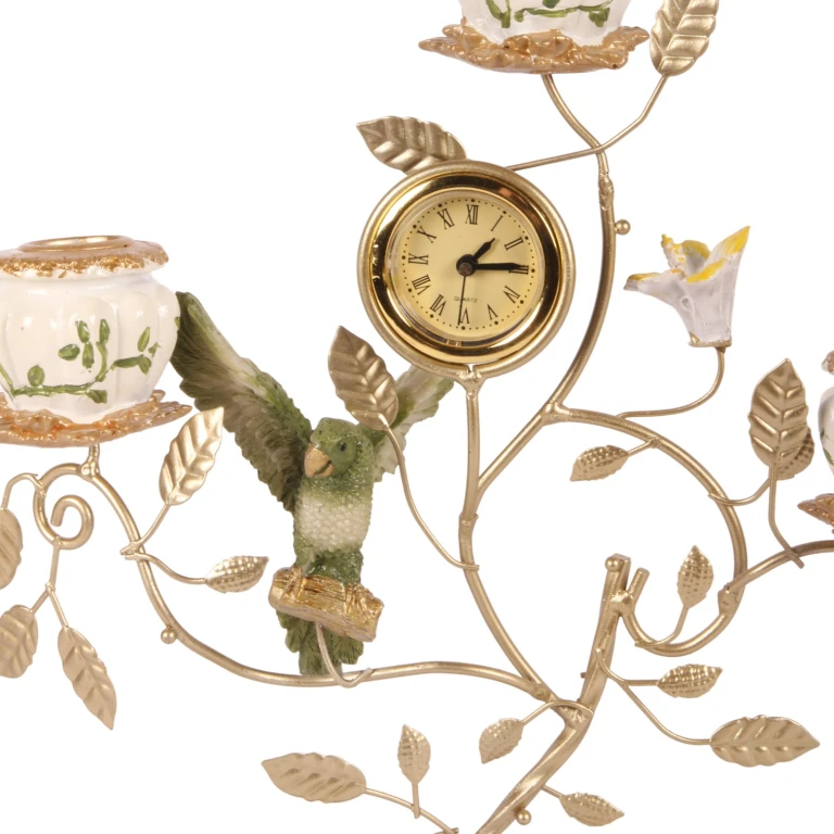 Candelabro Pappagallo con orologio - 32 cm - verde - resina sintetica