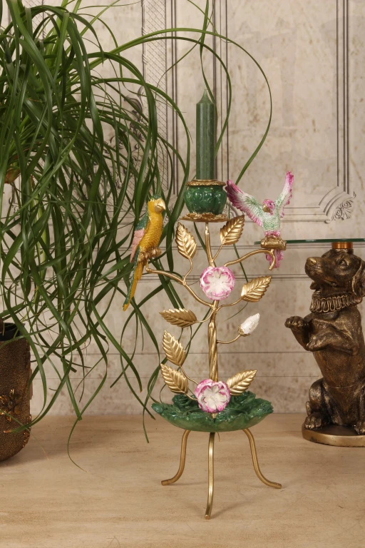 Candelabro Uccelli - 38,5 cm - verde - resina artificiale