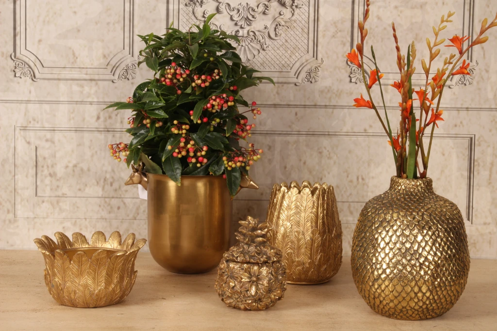 Scatola portaoggetti Fiori - 12,5 cm - oro - resina artificiale