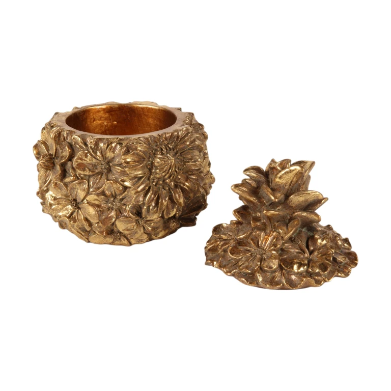 Scatola portaoggetti Fiori - 12,5 cm - oro - resina artificiale