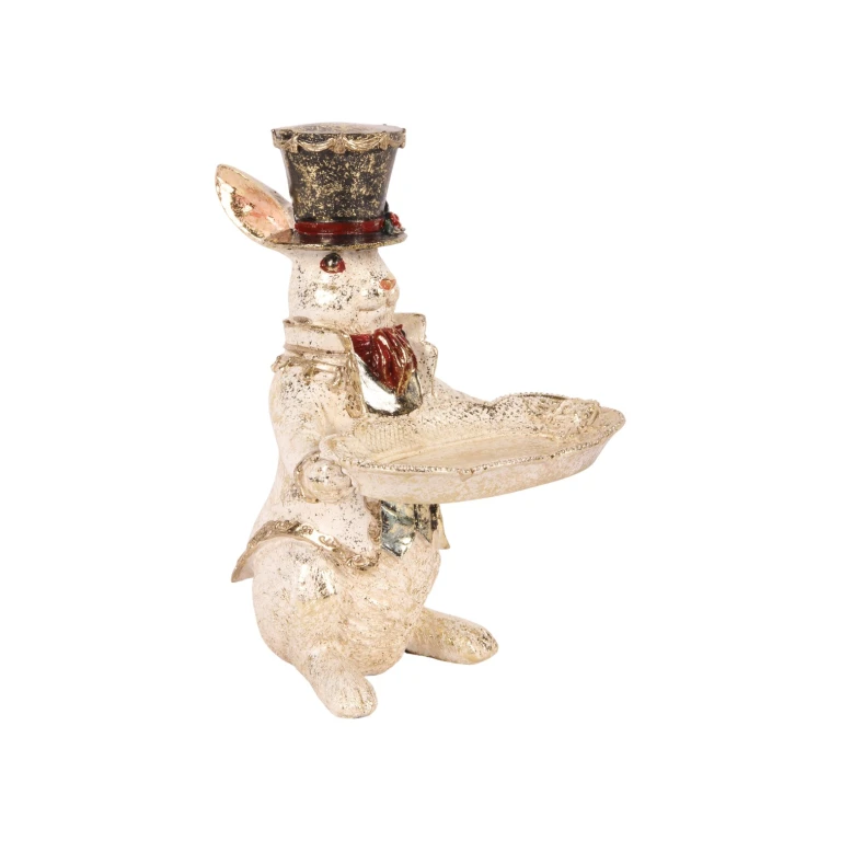 Statua di coniglio con ciotola - bianca - 23 cm
