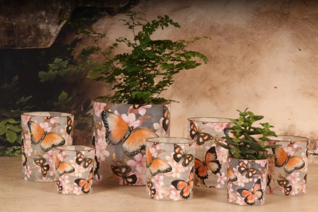 Portacandele con farfalle - rosa - vetro - 15 cm