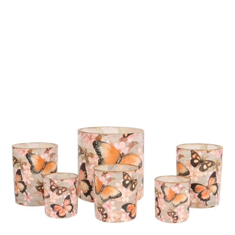 Portacandele con farfalle - rosa - vetro - 15 cm
