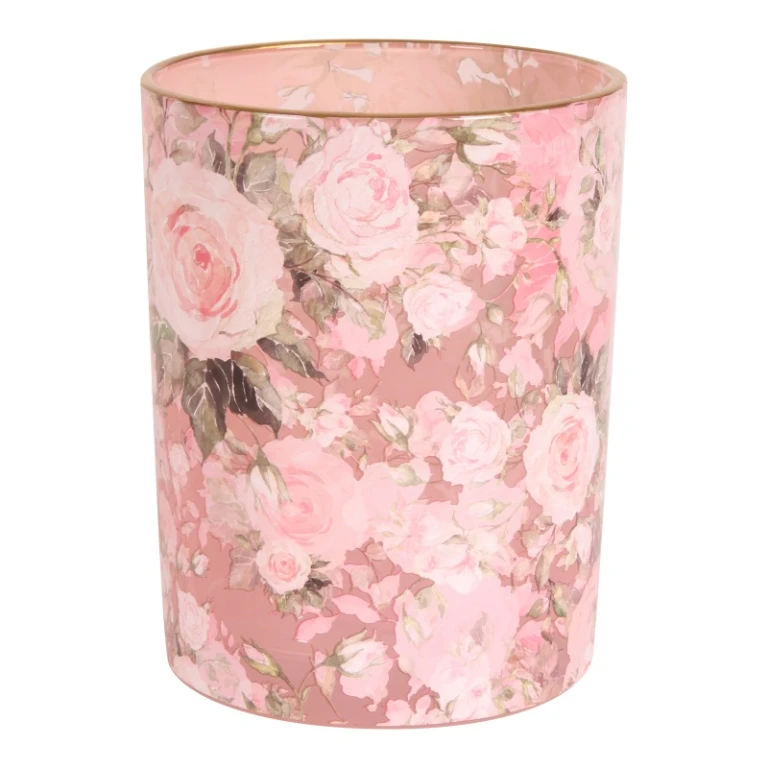 Portacandele stampa floreale - rosa - vetro - 12,5 cm