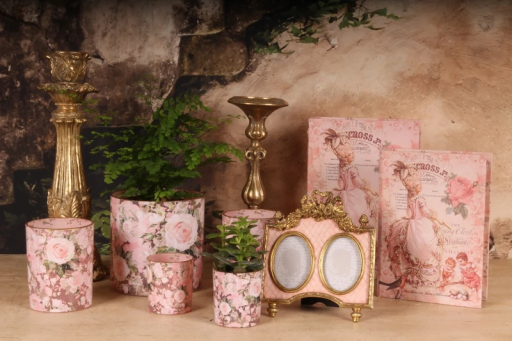 Portacandele stampa floreale - rosa - vetro - 12,5 cm
