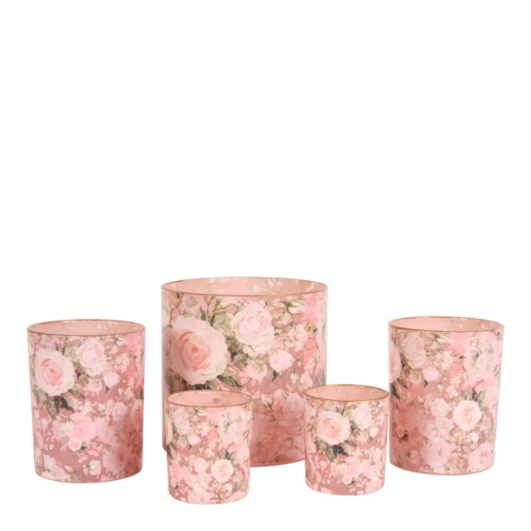 Portacandele stampa floreale - rosa - vetro - 12,5 cm