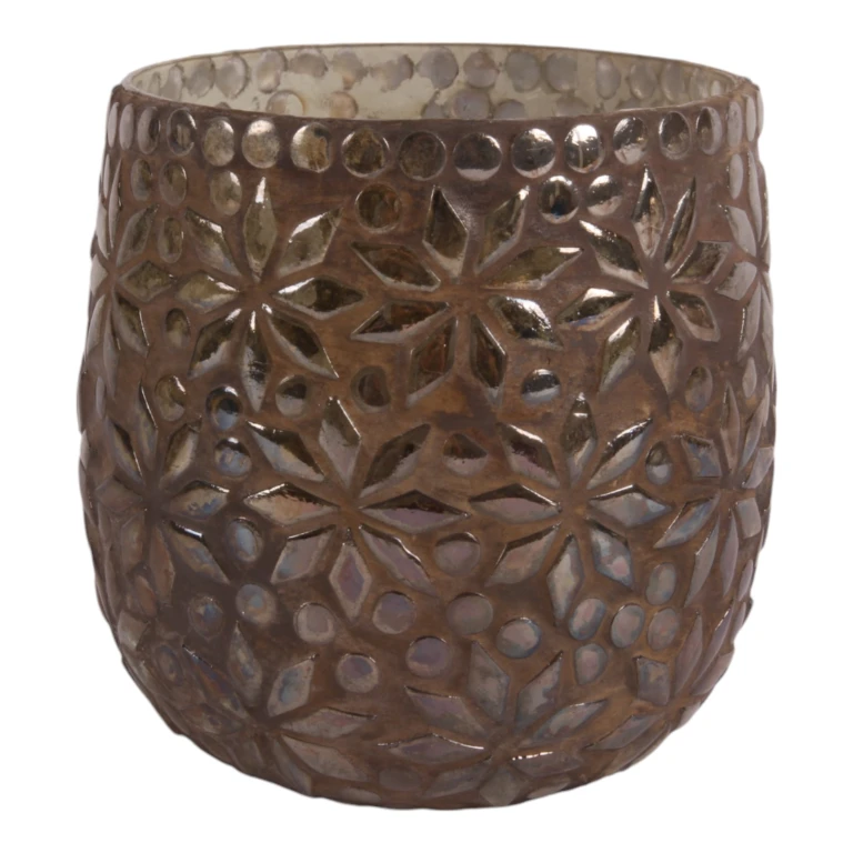 Portacandele a mosaico floreale - marrone - vetro - 12 cm