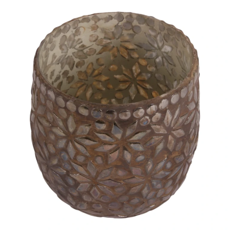 Portacandele a mosaico floreale - marrone - vetro - 12 cm
