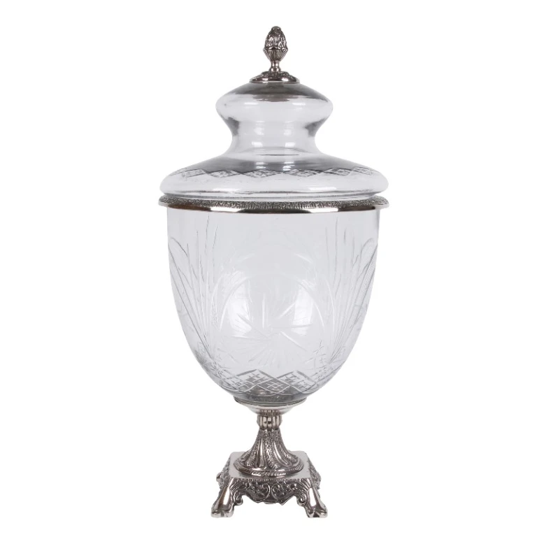 Vaso con coperchio - 51 cm - argento - vetro e alluminio