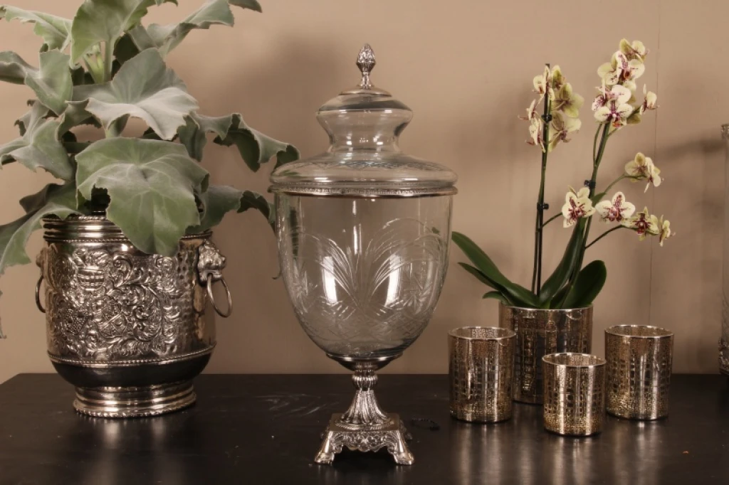 Vaso con coperchio - 51 cm - argento - vetro e alluminio