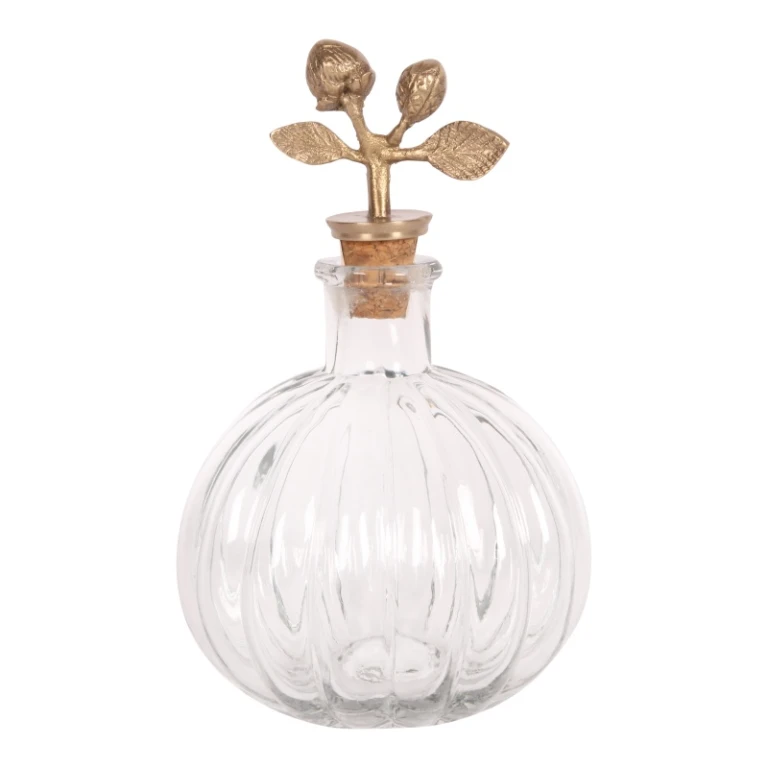 Bottiglia decorativa con tappo - 19 cm - gialla - ottone e vetro
