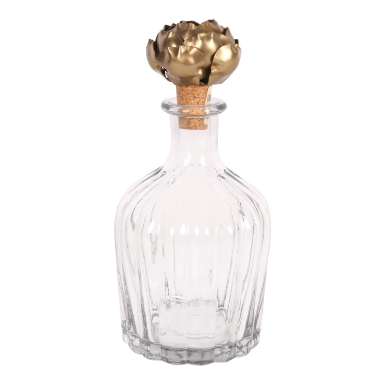Flacone decorativo con tappo a rosa - 20 cm - oro - legno