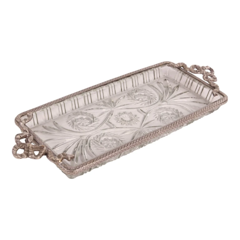 Vassoio in ottone e vetro - argento - 33 x 16 cm
